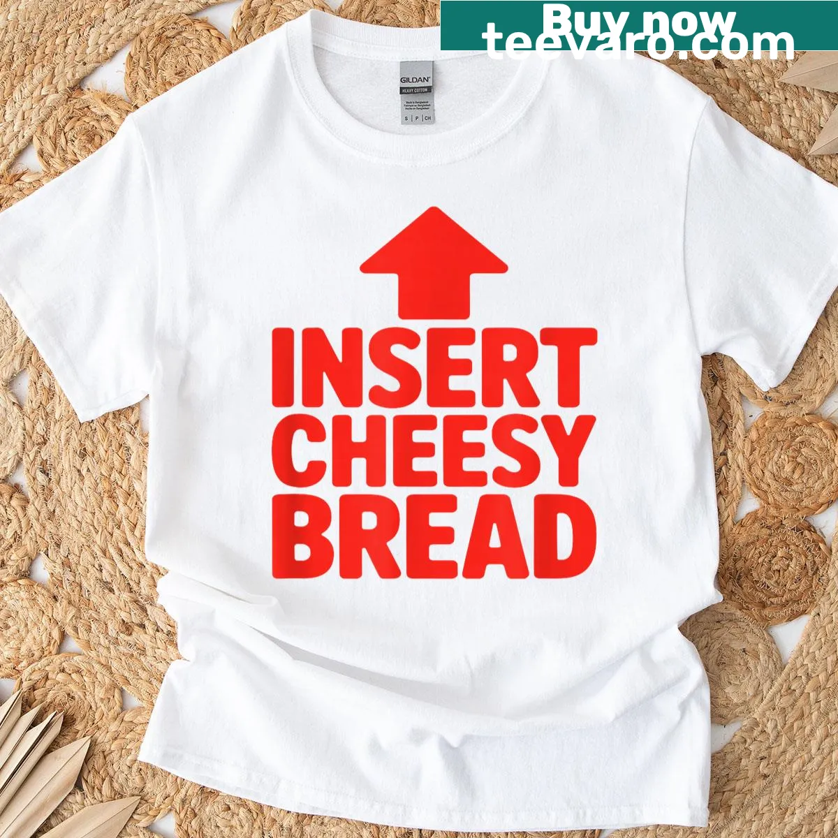 Cheesy bread humor text graphic on a foodie t-shirt — on a men's t-shirt