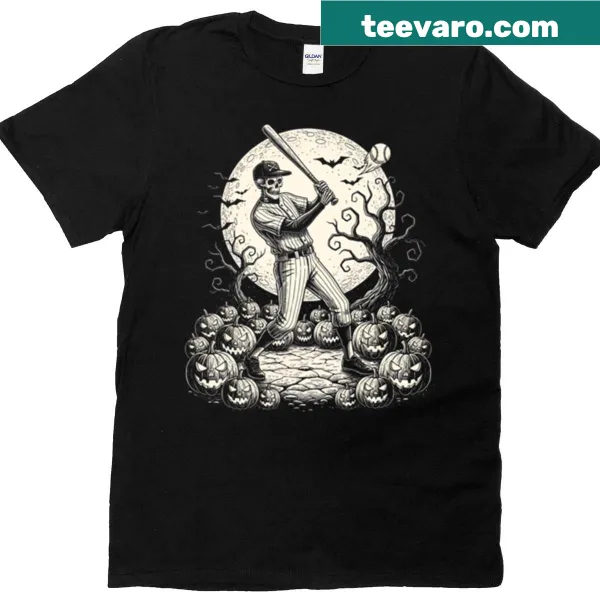 Humorous skeleton baseball player T-shirt for Halloween