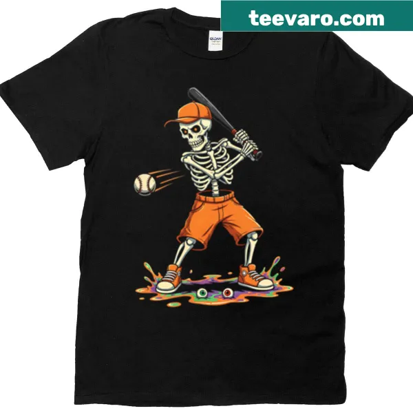 Halloween-themed t-shirt featuring a cartoon skeleton batting a baseball