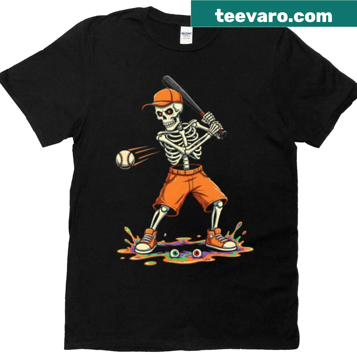 Halloween-themed t-shirt featuring a cartoon skeleton batting a baseball — on a men's t-shirt