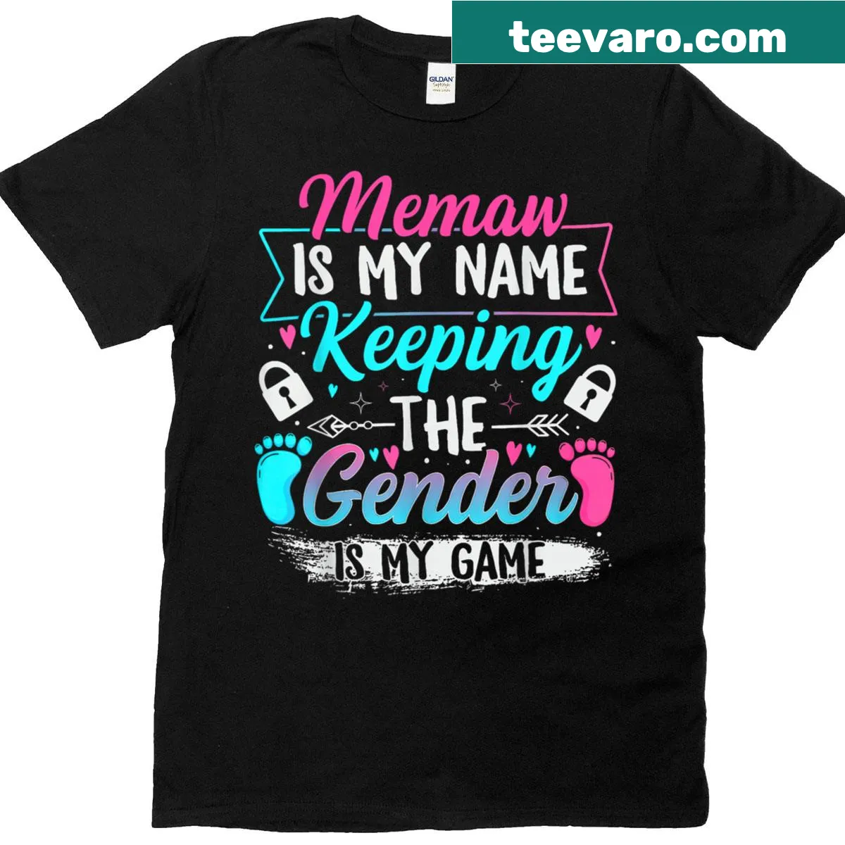 Memaw baby shower t-shirt with 'Keeper of the Gender' text — on a men's t-shirt