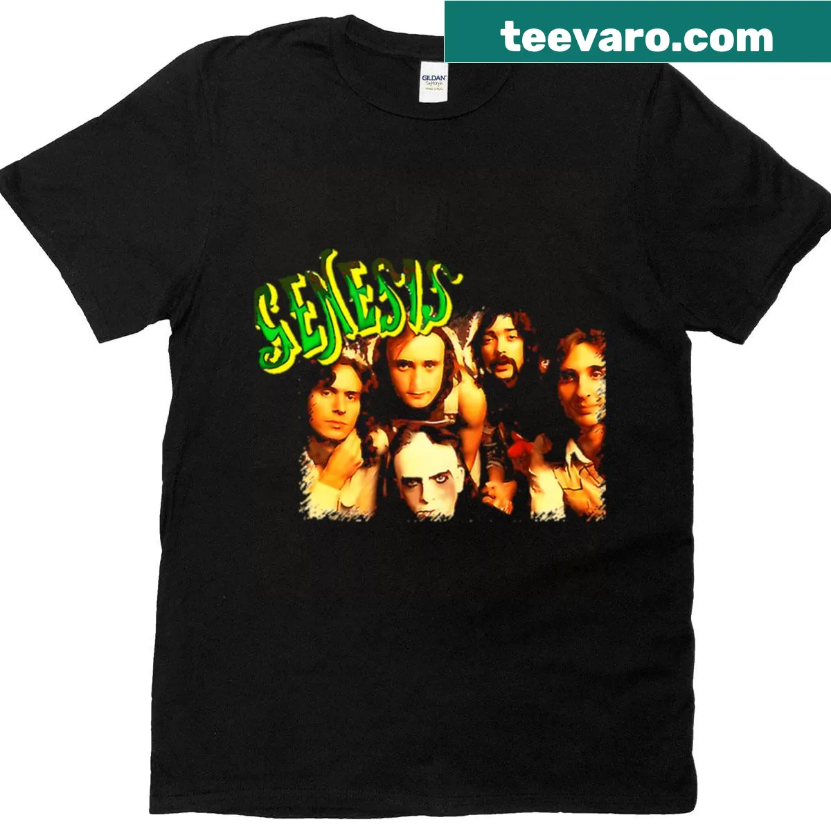 Genesiss rock band name T-shirt for music lovers — on a men's t-shirt