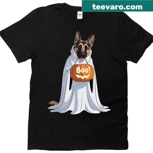 German Shepherd ghost with pumpkin Halloween t-shirt