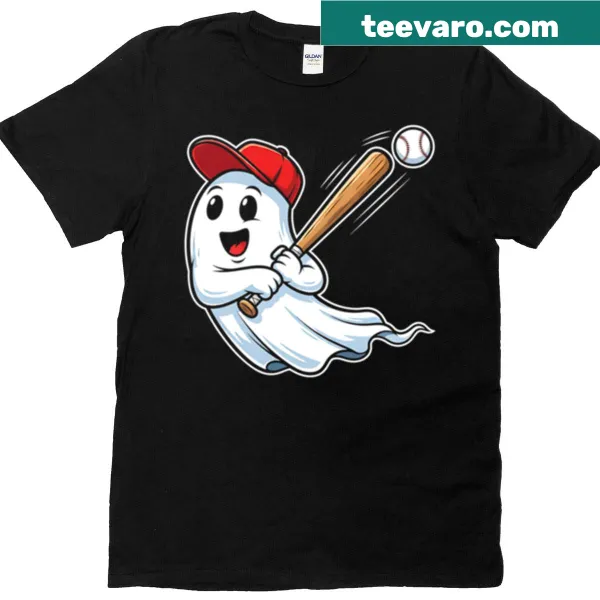 Ghost playing baseball illustration on Halloween T-shirt