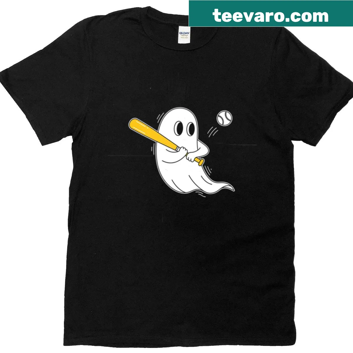 Cartoon ghost playing baseball Halloween t-shirt for kids — on a men's t-shirt