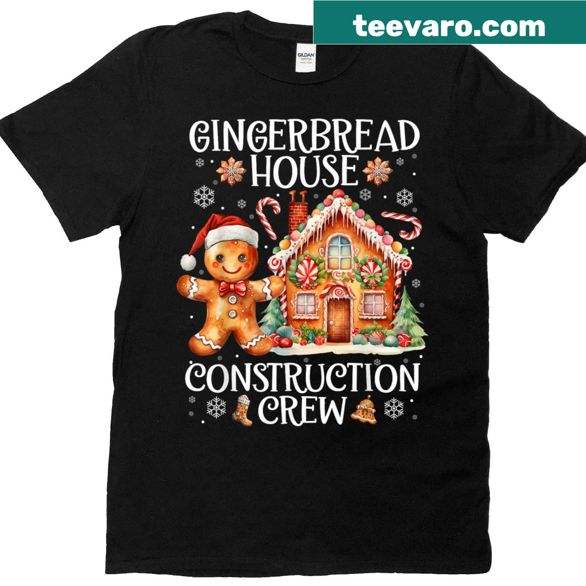 Gingerbread house design with construction crew theme on a t-shirt — on a men's t-shirt