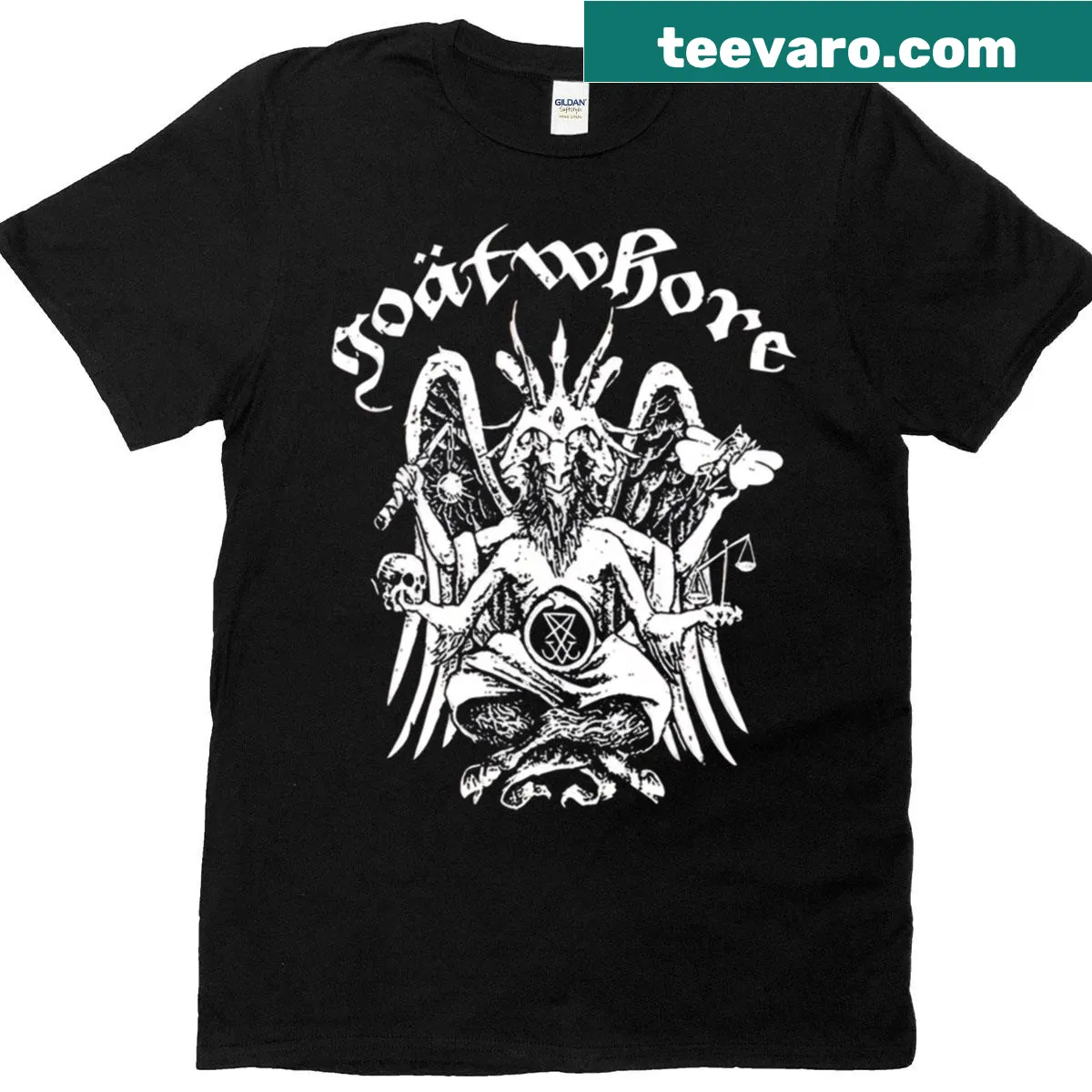 Bold Goatwhore graphic T-shirt capturing the band's style — on a men's t-shirt