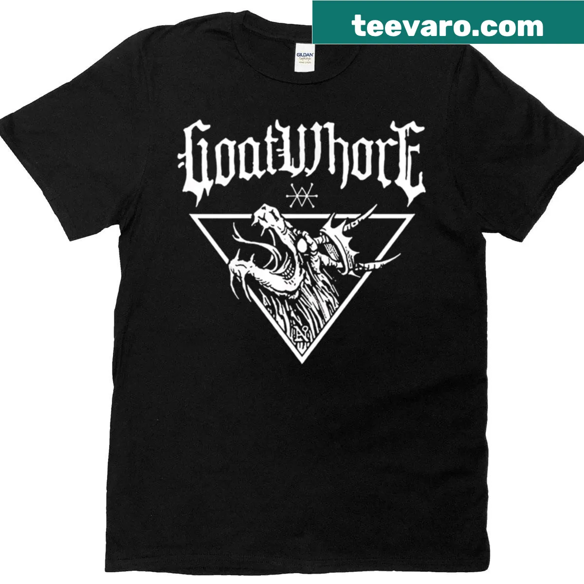 Intricate dragon graphic on a Goatwhore t-shirt representing metal culture. — on a men's t-shirt