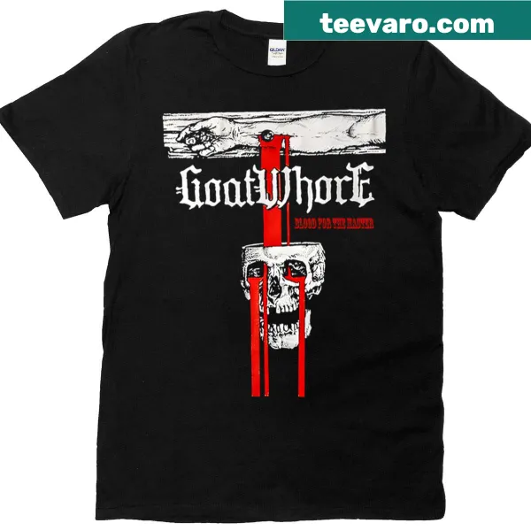 Bold red blood graphic on a Goatwhore t-shirt representing heavy metal themes.
