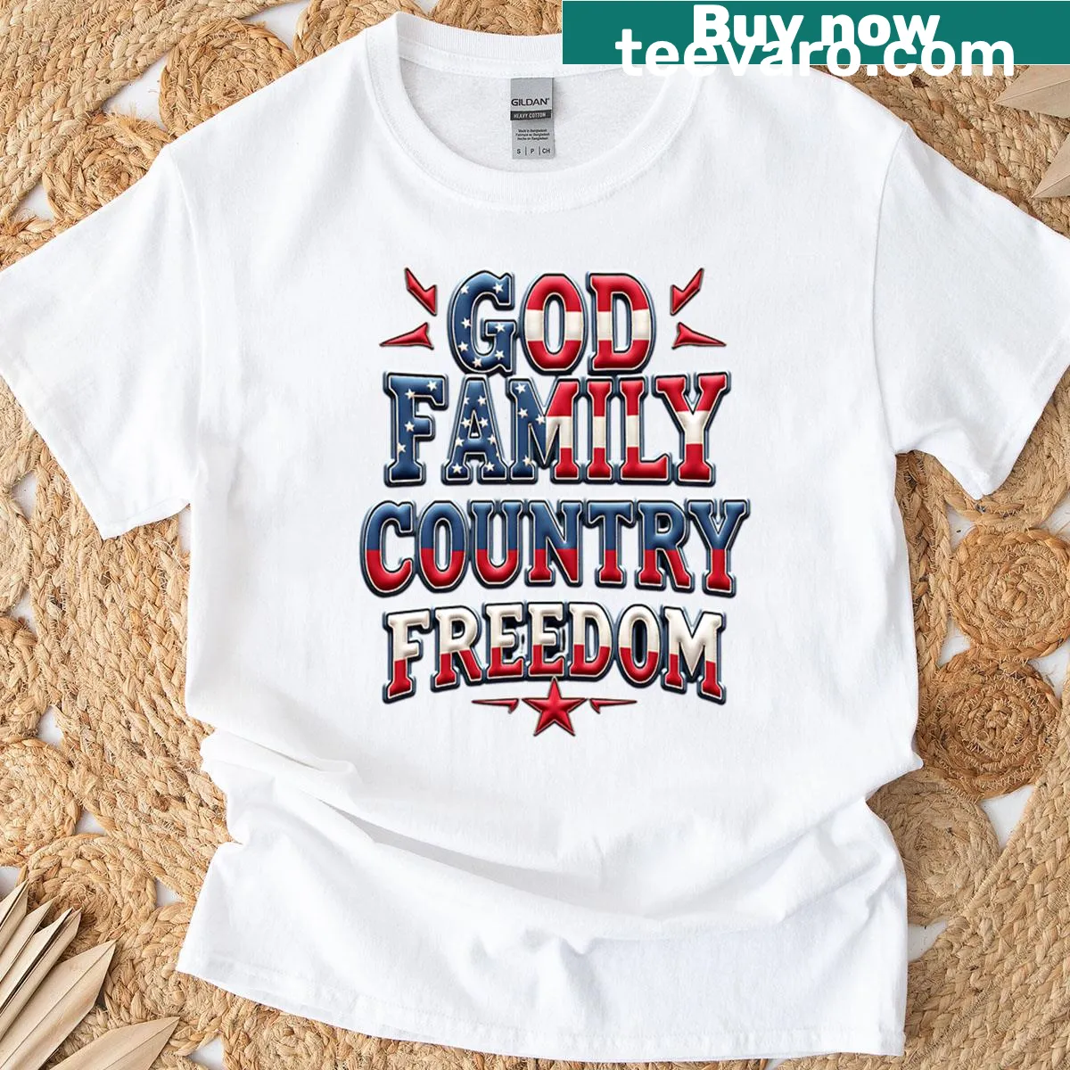 Patriotic T-shirt with USA flag and words God, Family, Country, Freedom — on a men's t-shirt