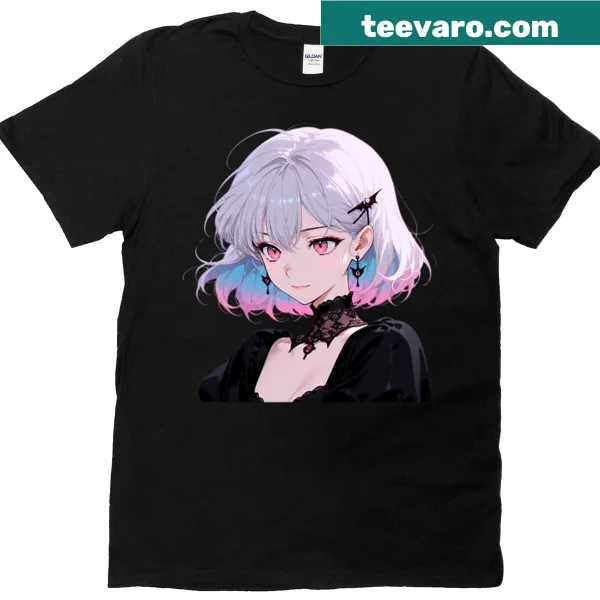 Gothic anime girl t-shirt with silver hair and red eyes illustration