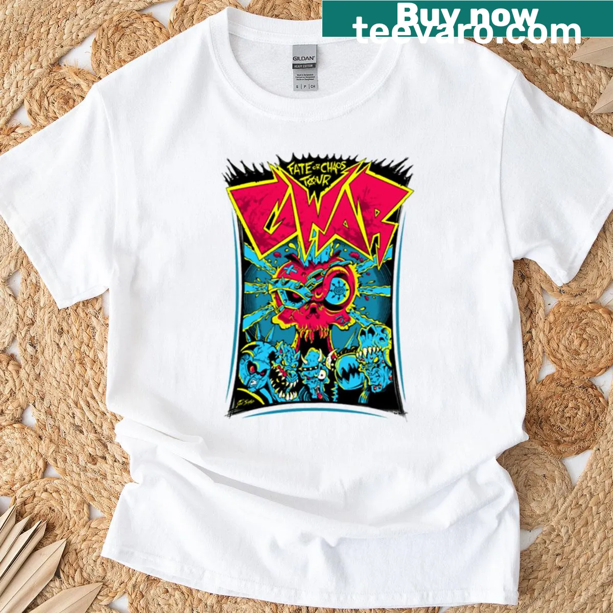 Vintage-style band shirt featuring Gwar design — on a men's t-shirt