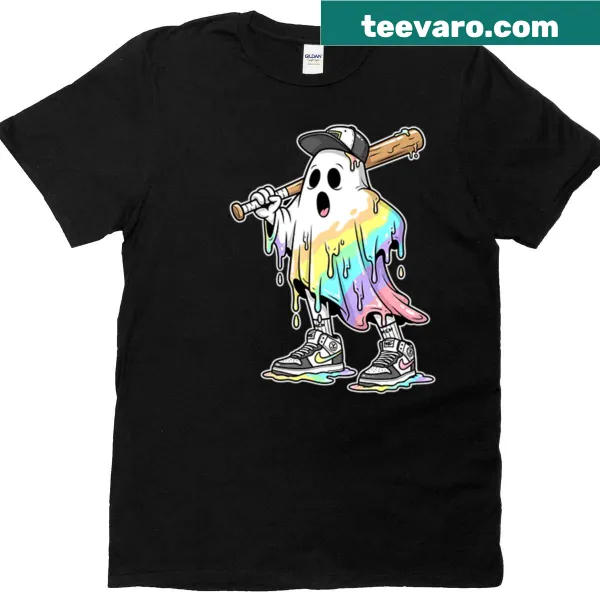 Cartoon ghost baseball graphic on Halloween T-shirt for boys