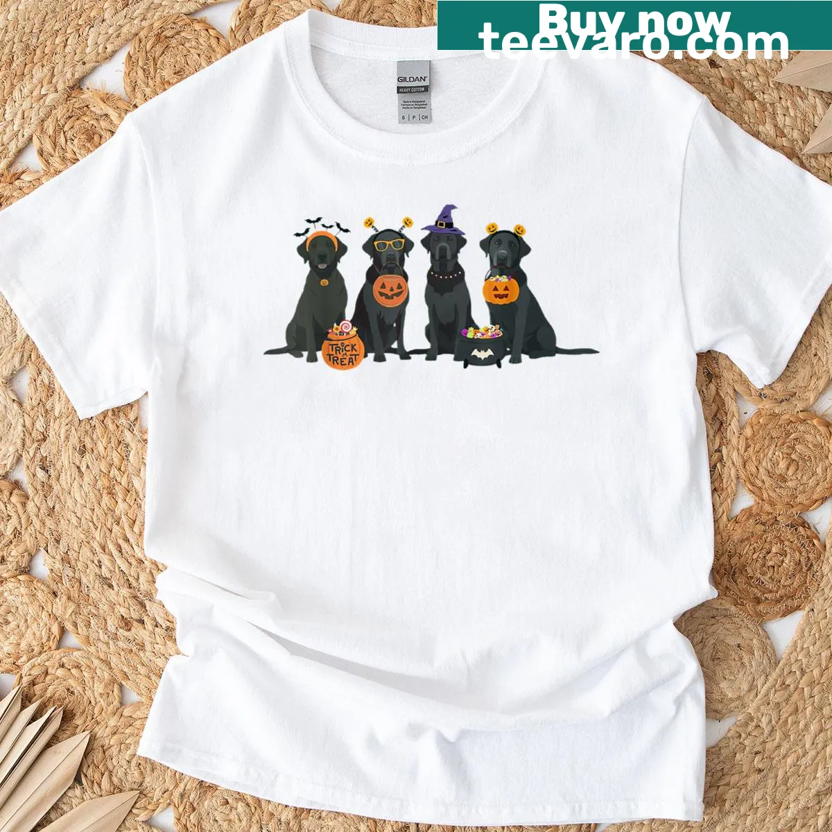 Halloween-themed t-shirt featuring a black Labrador Retriever — on a men's t-shirt