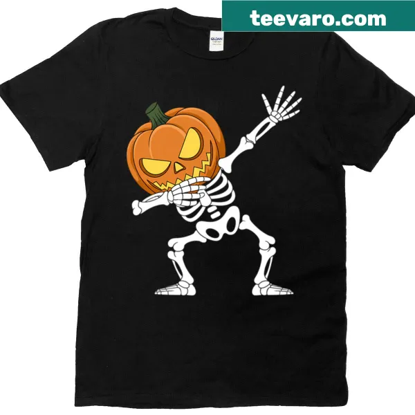 Cartoon dabbing skeleton with pumpkin graphic for Halloween