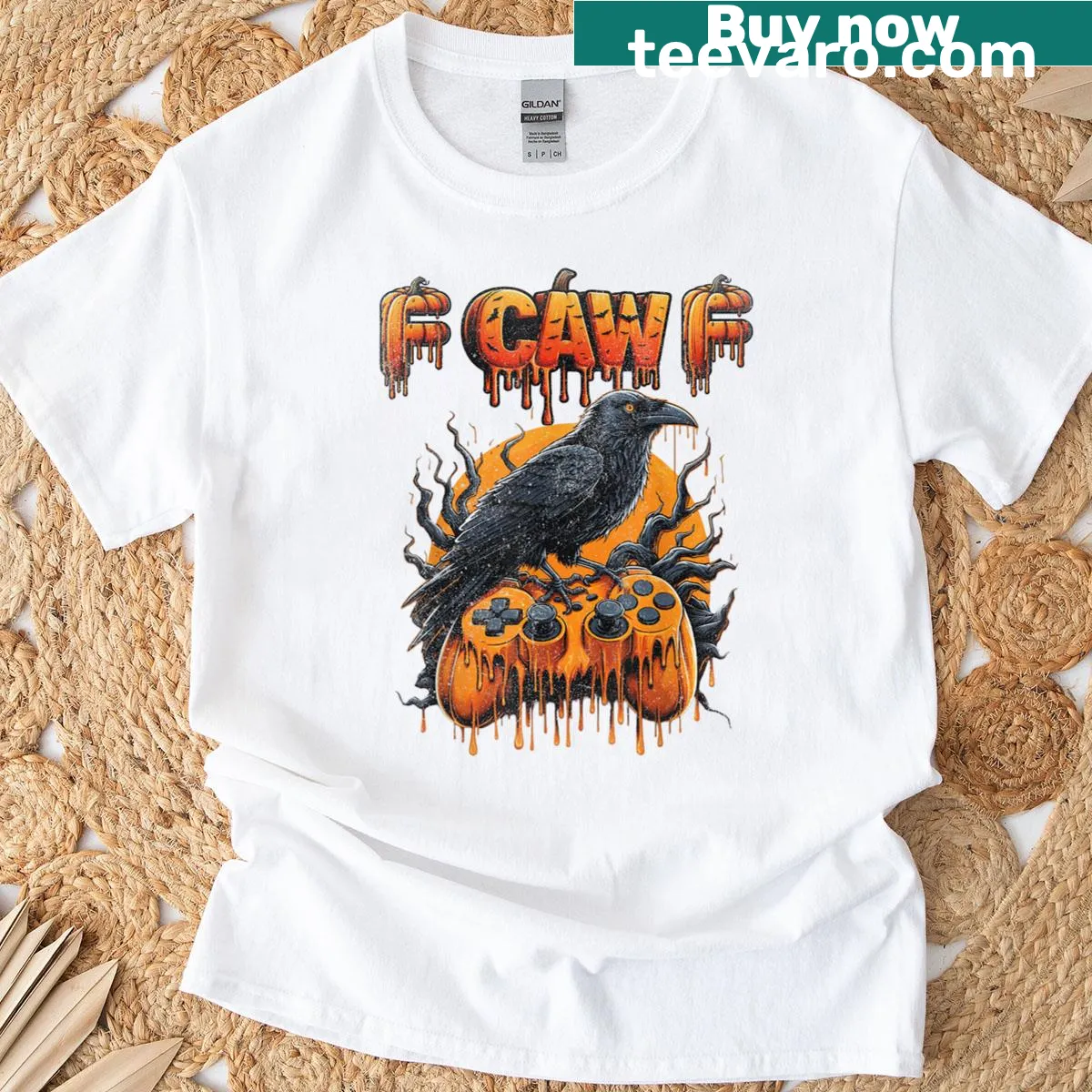 Halloween-themed shirt featuring a dripping pumpkin, crow, and raven design. — on a men's t-shirt