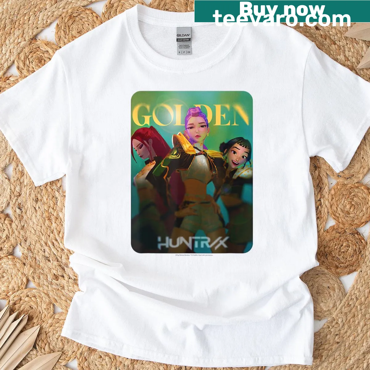 T-shirt featuring Halloween Huntrix golden photocard design — on a men's t-shirt