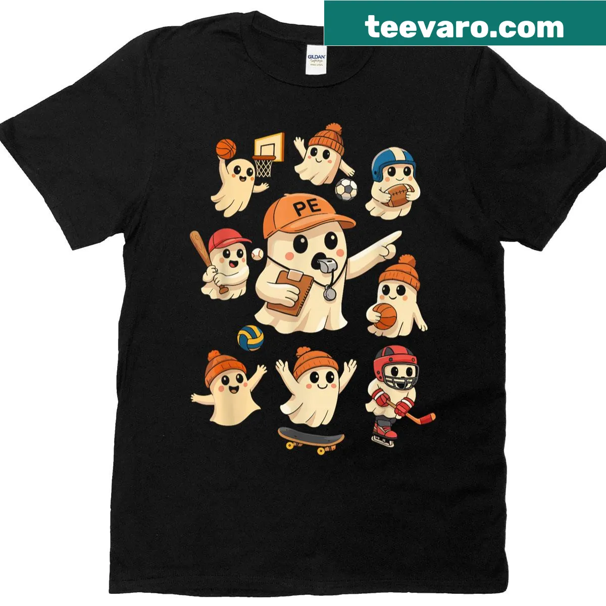 Halloween PE Teacher T-shirt with ghost playing sports — on a men's t-shirt