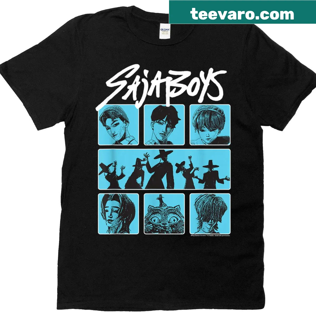 Illustrated Halloween T-shirt featuring a demon group poster design — on a men's t-shirt