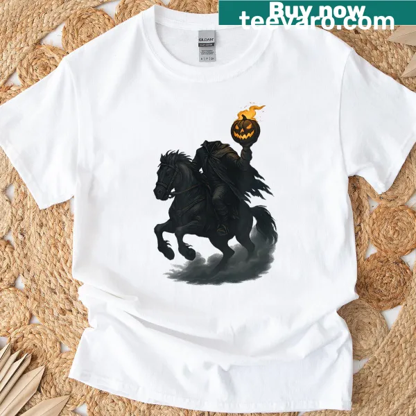 Halloween T-shirt featuring a headless rider and pumpkin graphic