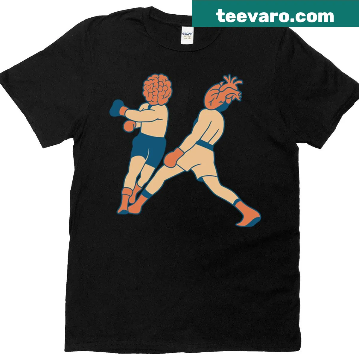 Graphic t-shirt depicting the battle between heart and brain — on a men's t-shirt