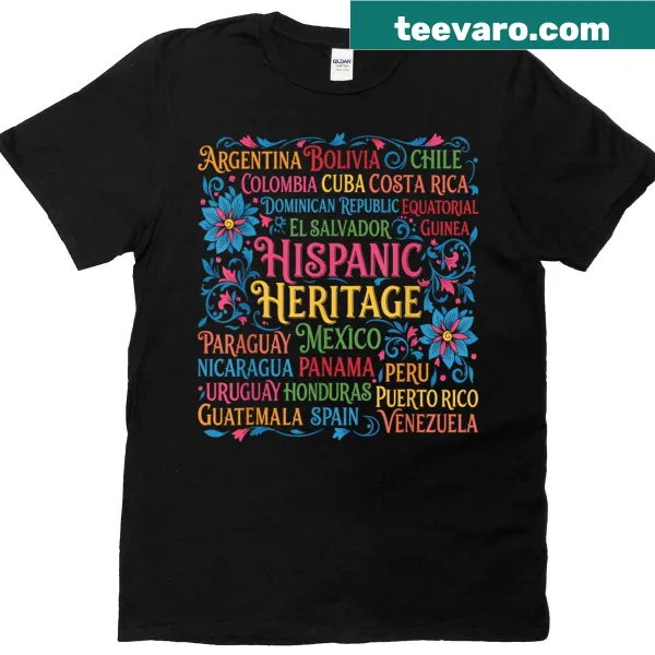 T-shirt featuring flags of Hispanic countries for Hispanic Heritage Month