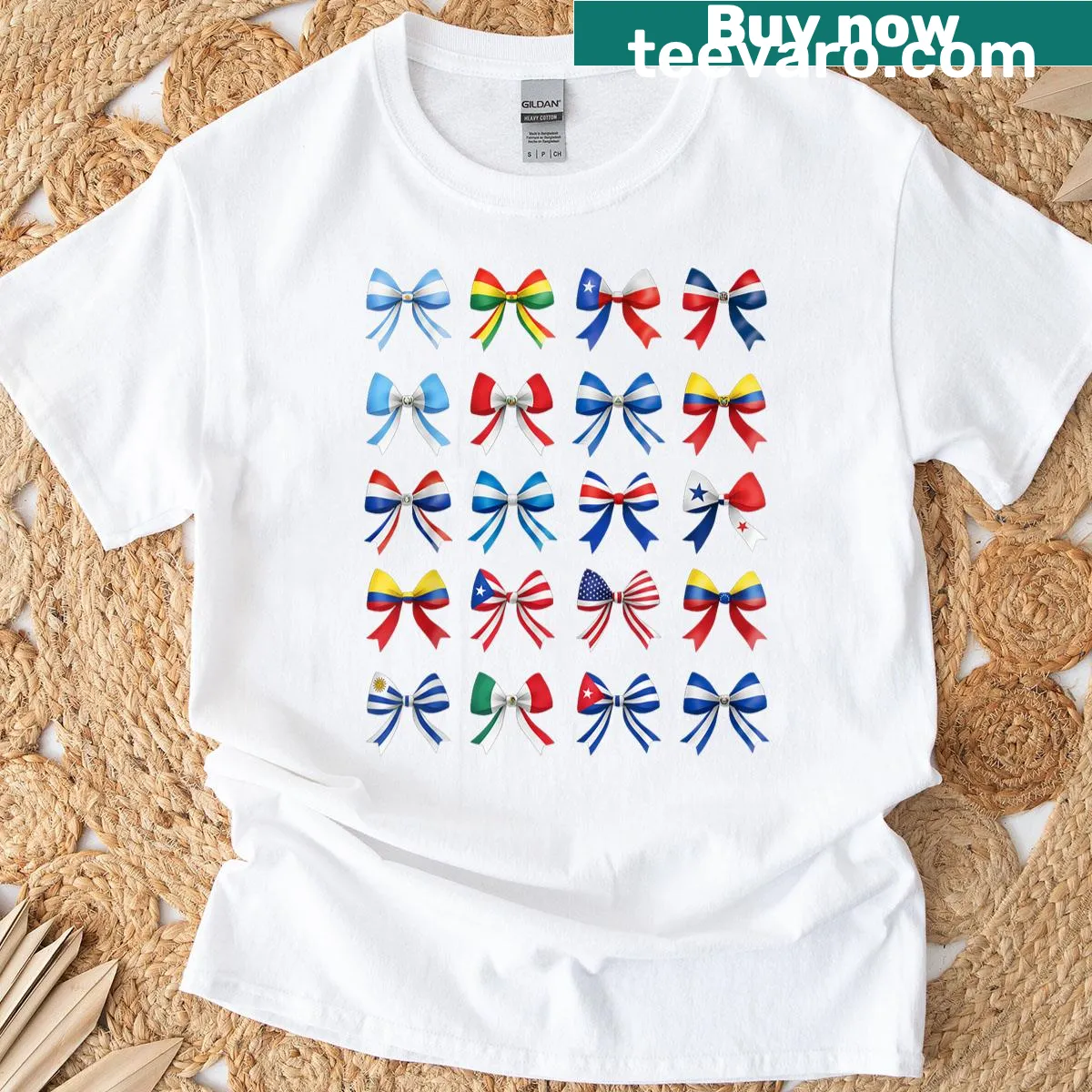 Cute t-shirt featuring Hispanic flags and a bow design — on a men's t-shirt