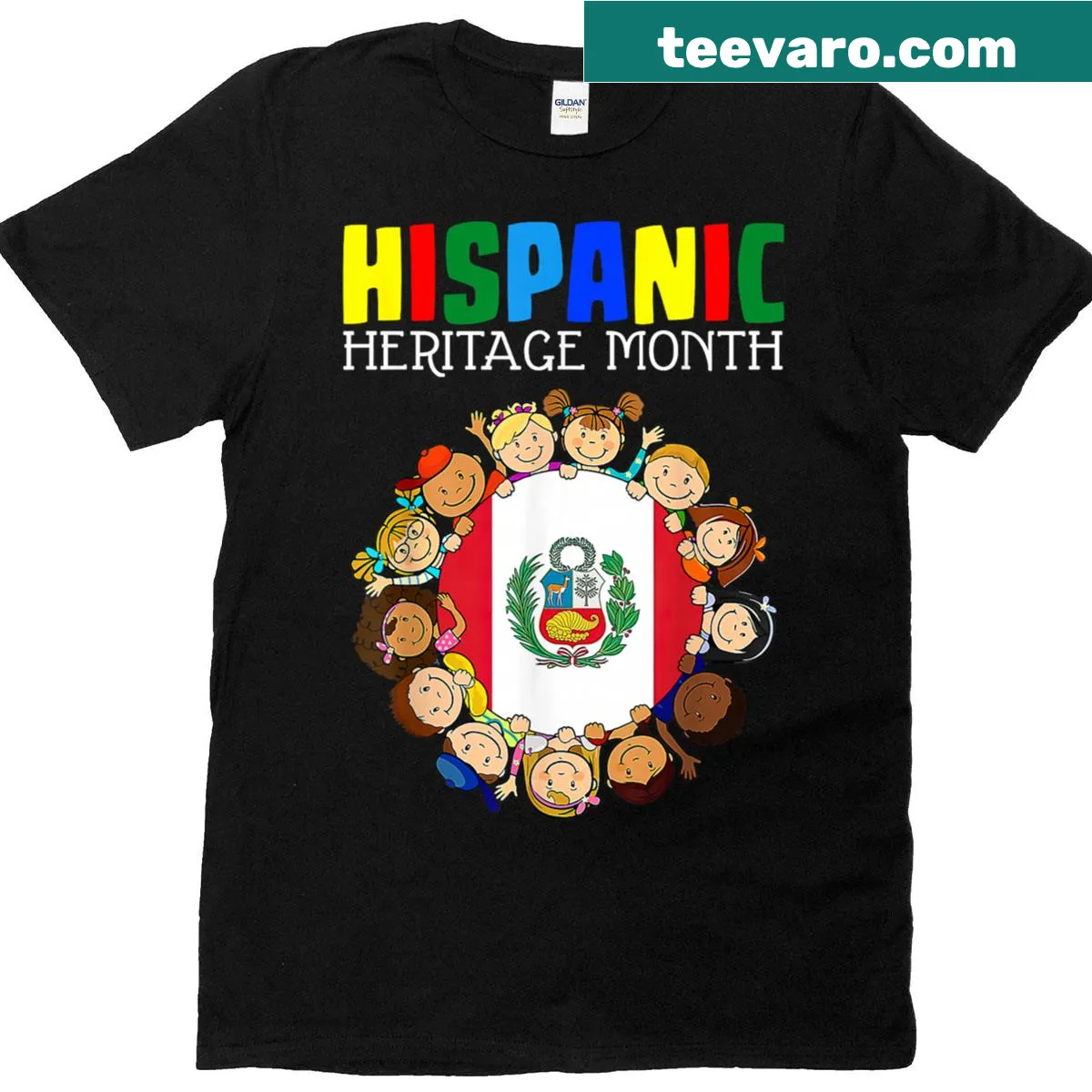 Kids T-shirt featuring symbols of Peru for Hispanic Heritage Month. — on a men's t-shirt