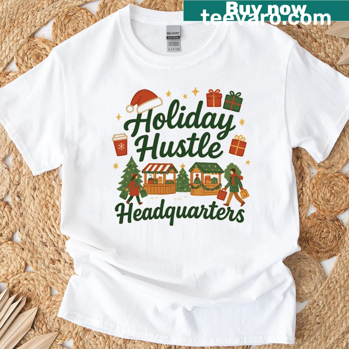 Festive market scene design on a holiday-themed T-shirt — on a men's t-shirt