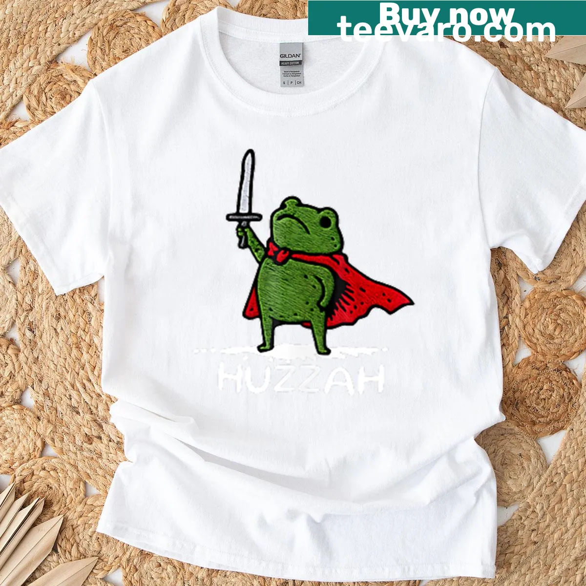 Funny t-shirt featuring a cartoon frog knight with a sword — on a men's t-shirt