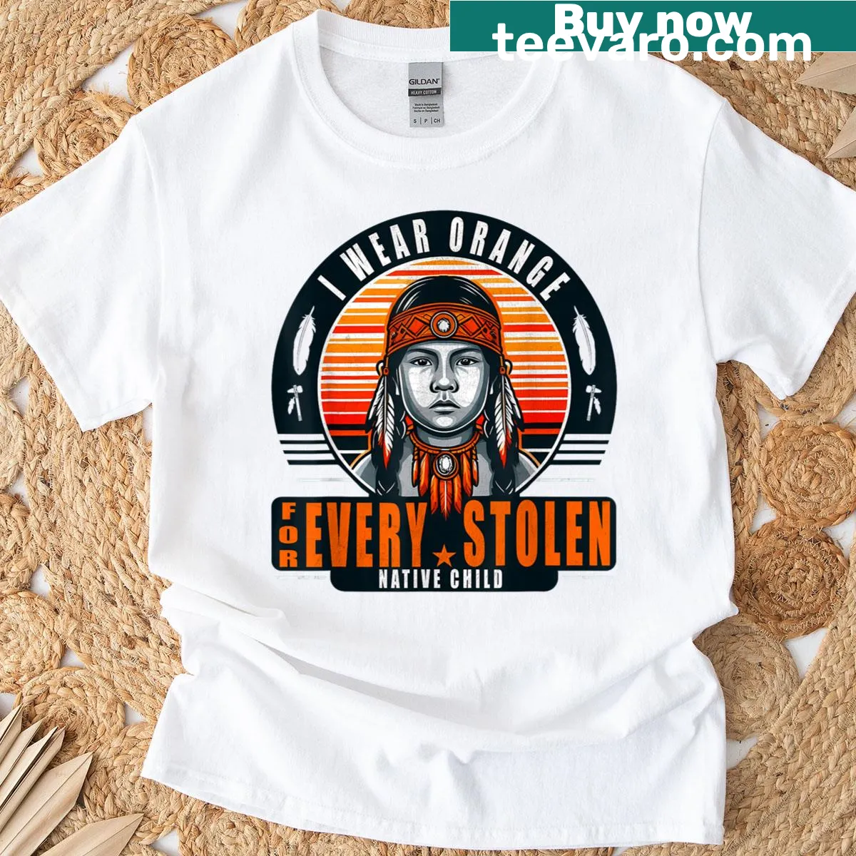Orange T-shirt with message for stolen Native children — on a men's t-shirt