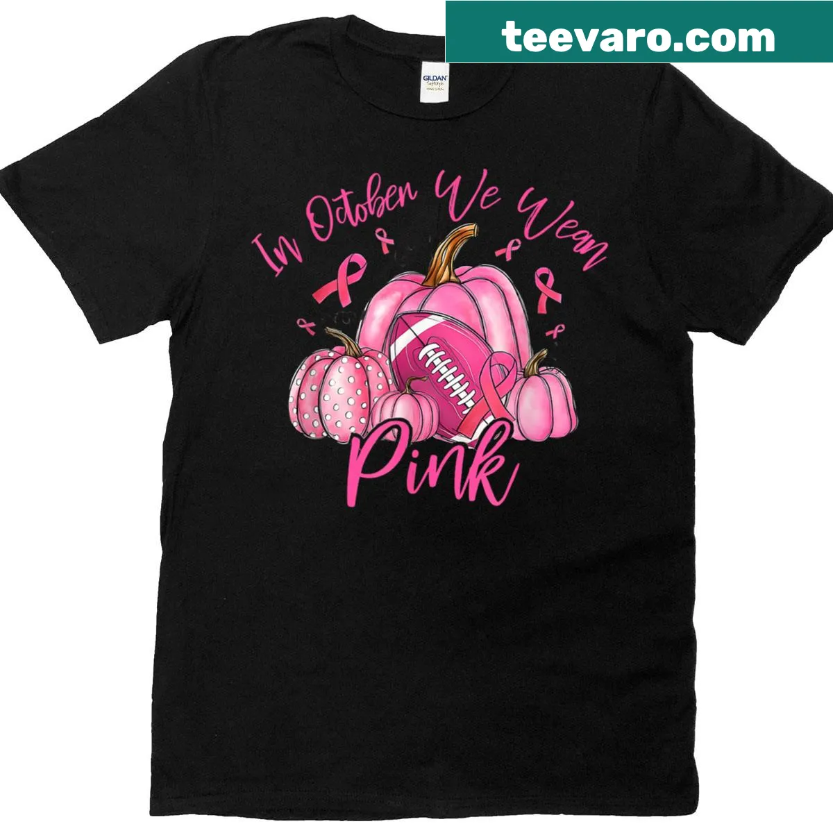 Retro pumpkin football t-shirt with pink lettering for October awareness — on a men's t-shirt