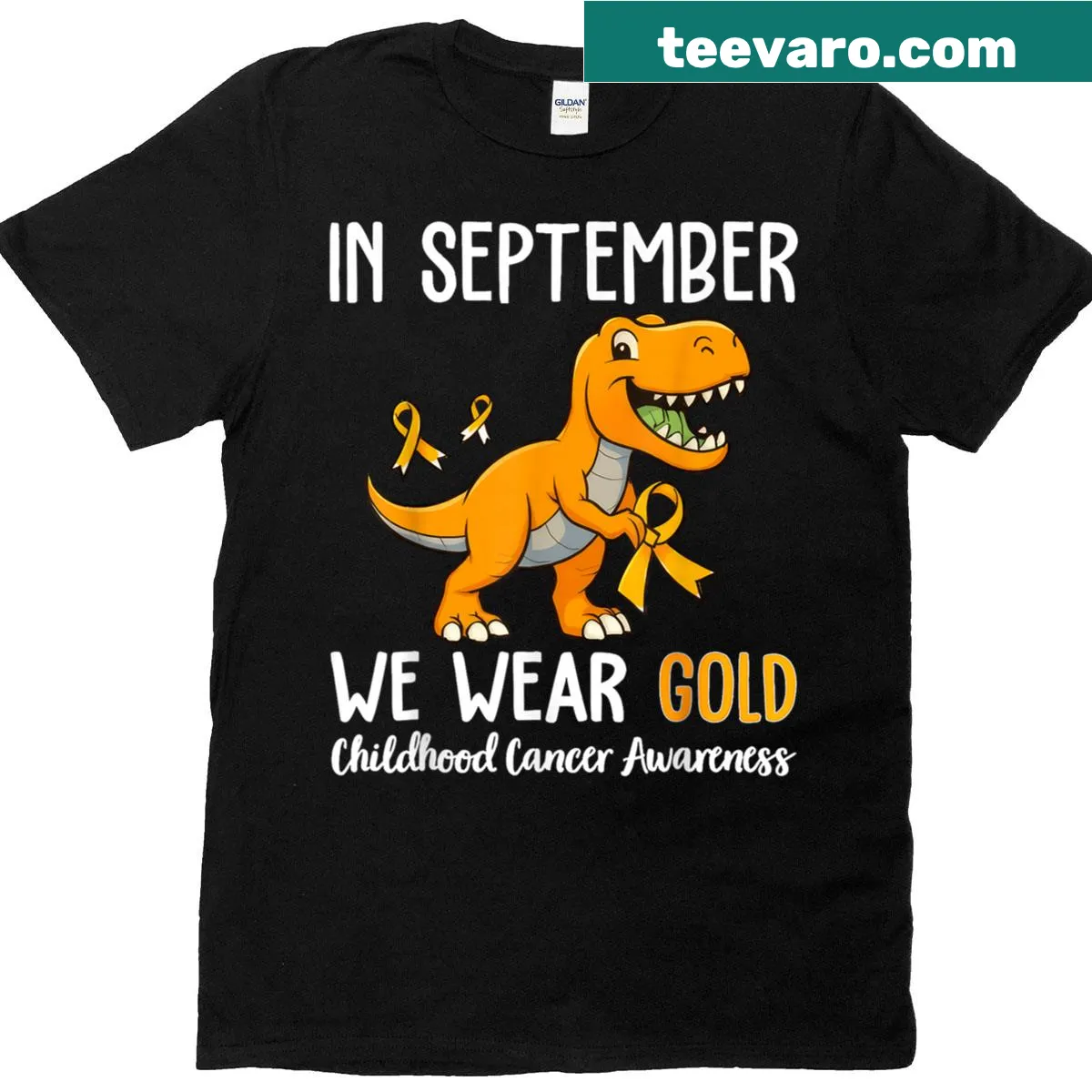 Gold ribbon design t-shirt for childhood cancer awareness — on a men's t-shirt
