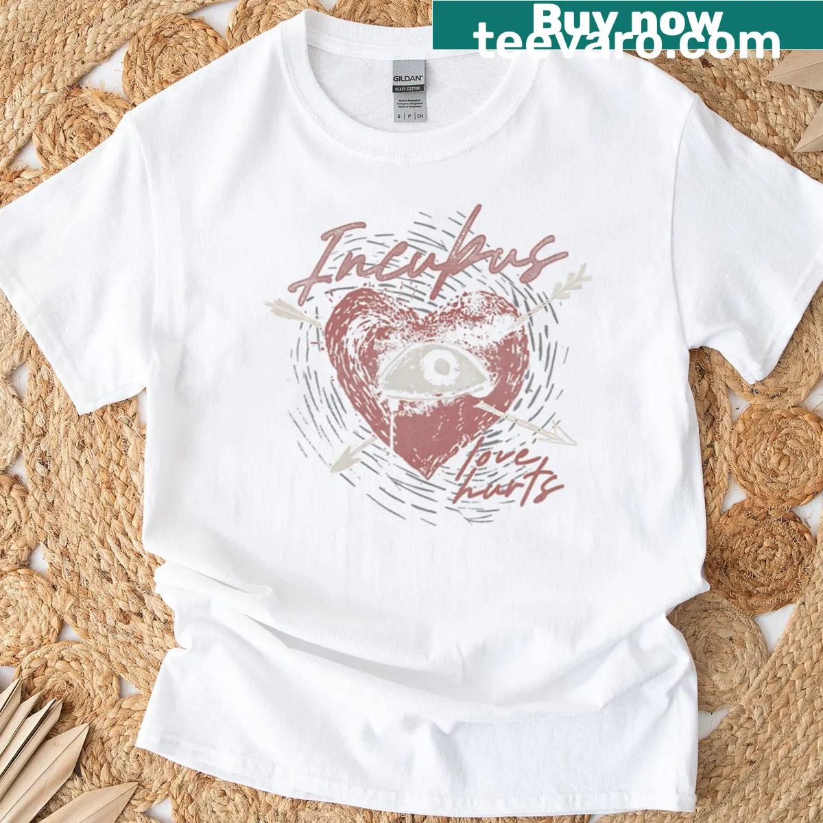 Incubus Love Hurts graphic t-shirt featuring artistic typography — on a men's t-shirt