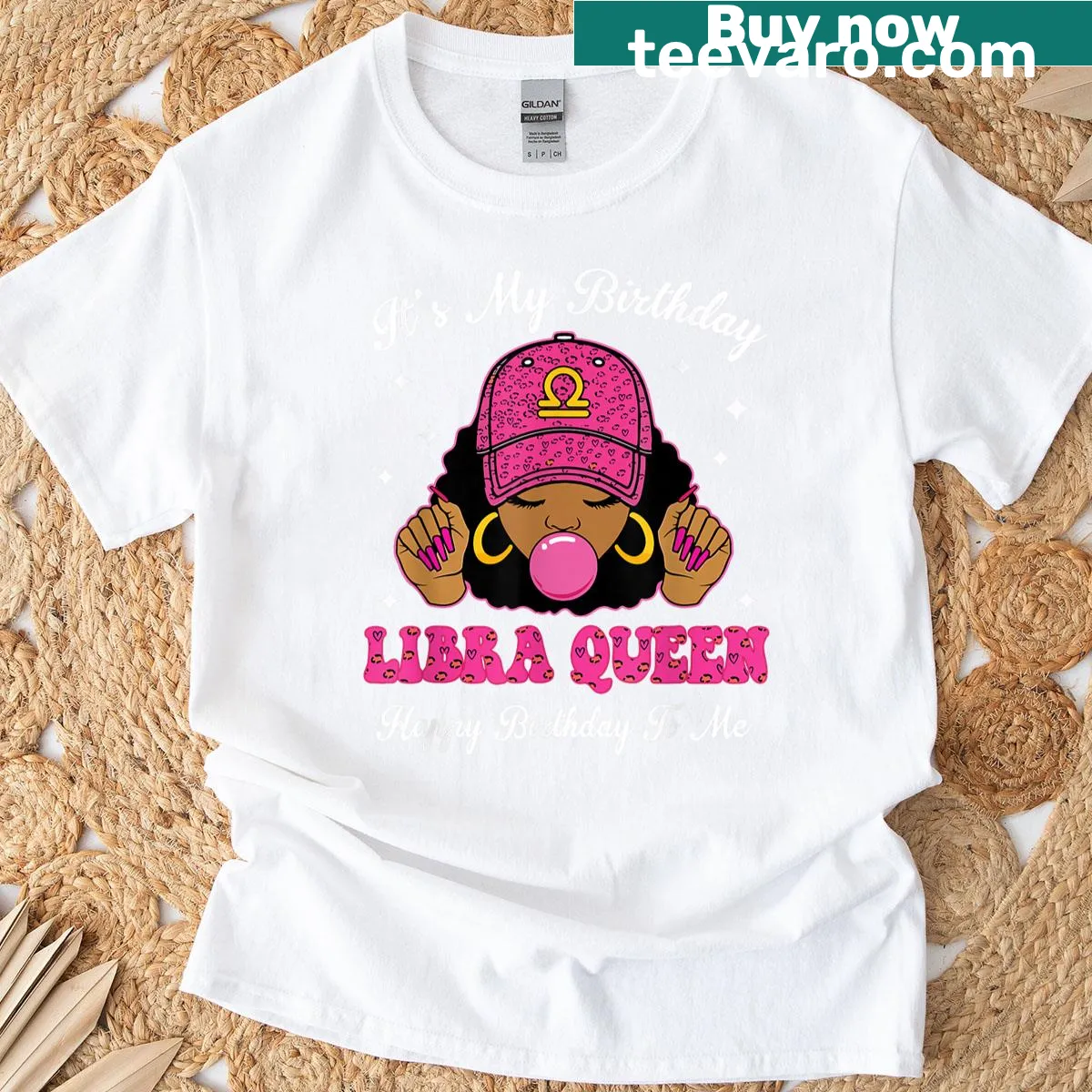 Illustration of a Libra Queen celebrating a birthday on a T-shirt — on a men's t-shirt