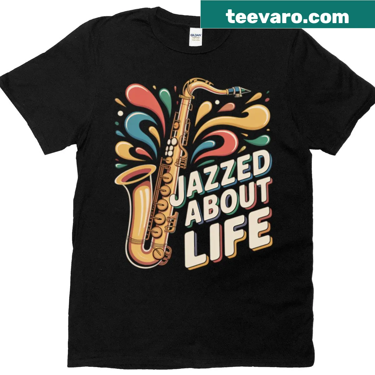 Retro saxophone t-shirt with a jazz theme — on a men's t-shirt