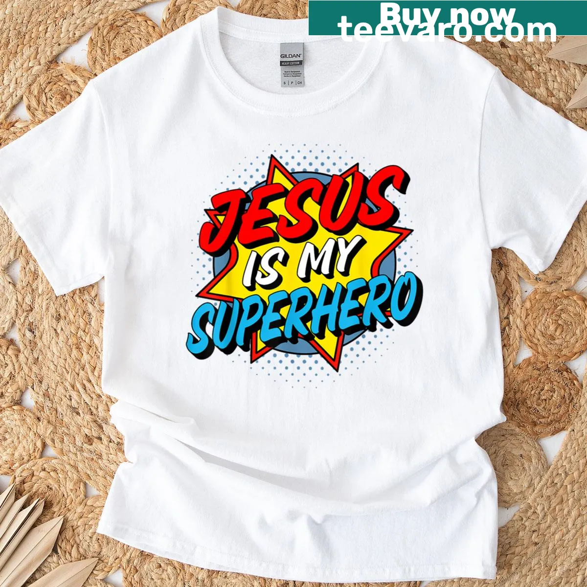 T-shirt featuring 'Jesus Is My Superhero' in comic-style font — on a men's t-shirt