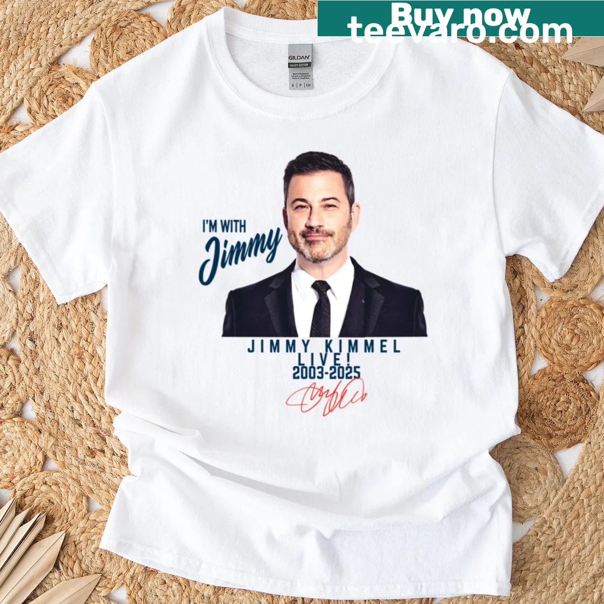 Jimmy Kimmel Live T-shirt with red signature design. — on a men's t-shirt