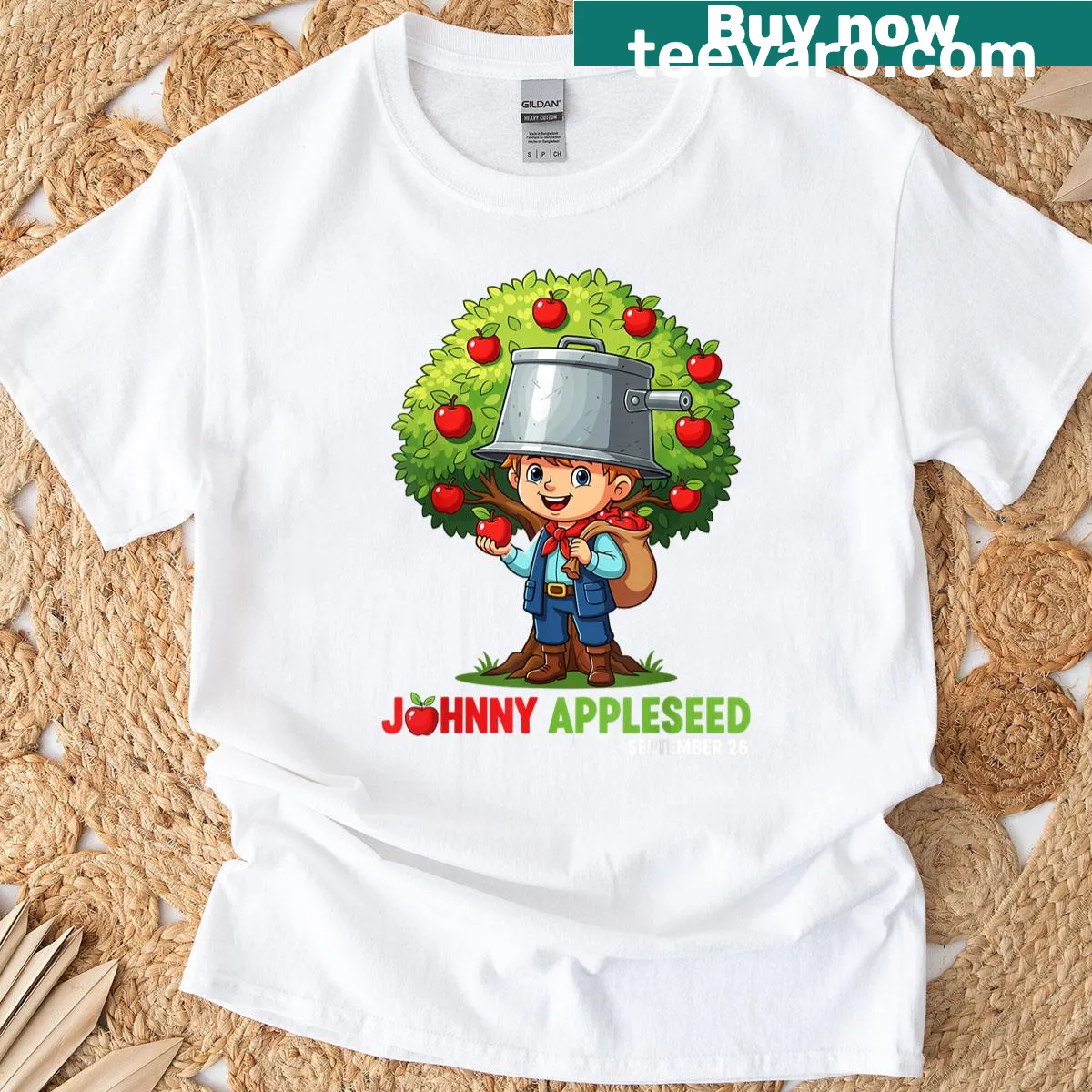 Johnny Appleseed Day T-shirt with a tribute design — on a men's t-shirt