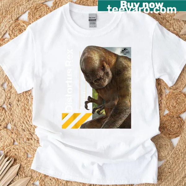 Jurassic World T-shirt featuring Distortus Rex graphic.