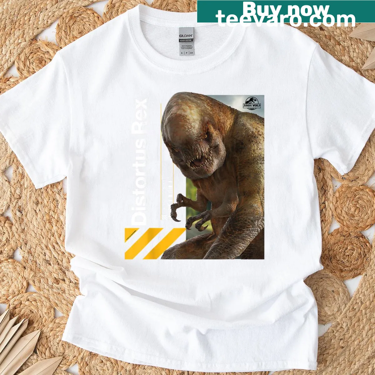 Jurassic World T-shirt featuring Distortus Rex graphic. — on a men's t-shirt