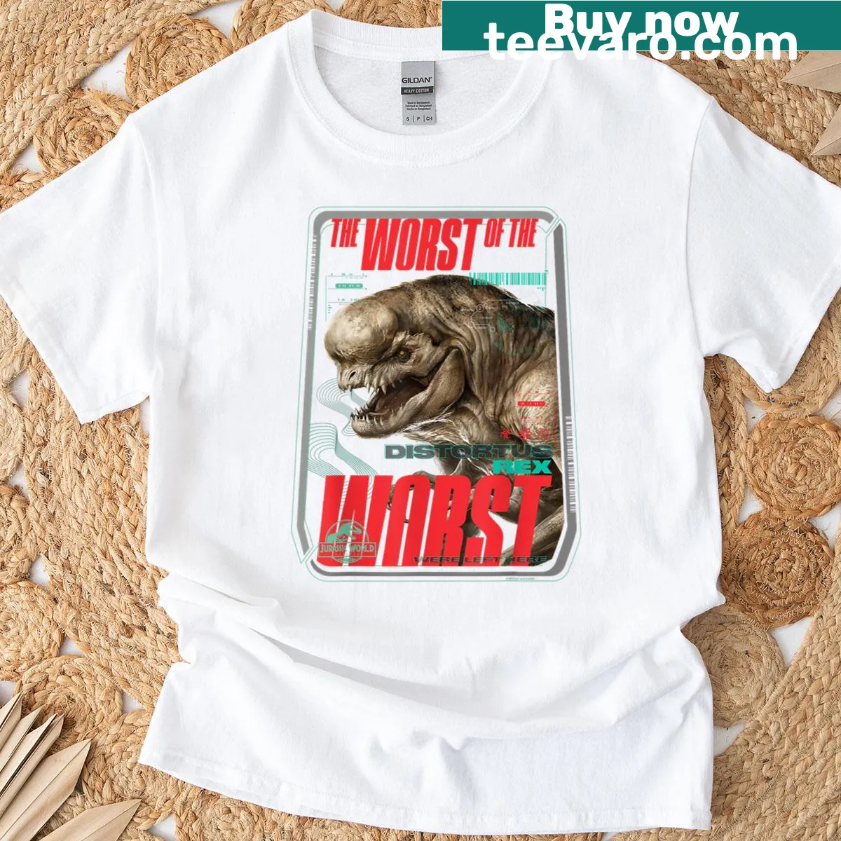 Graphic of Distortus Rex labeled 'Worst Of The Worst' on a t-shirt — on a men's t-shirt