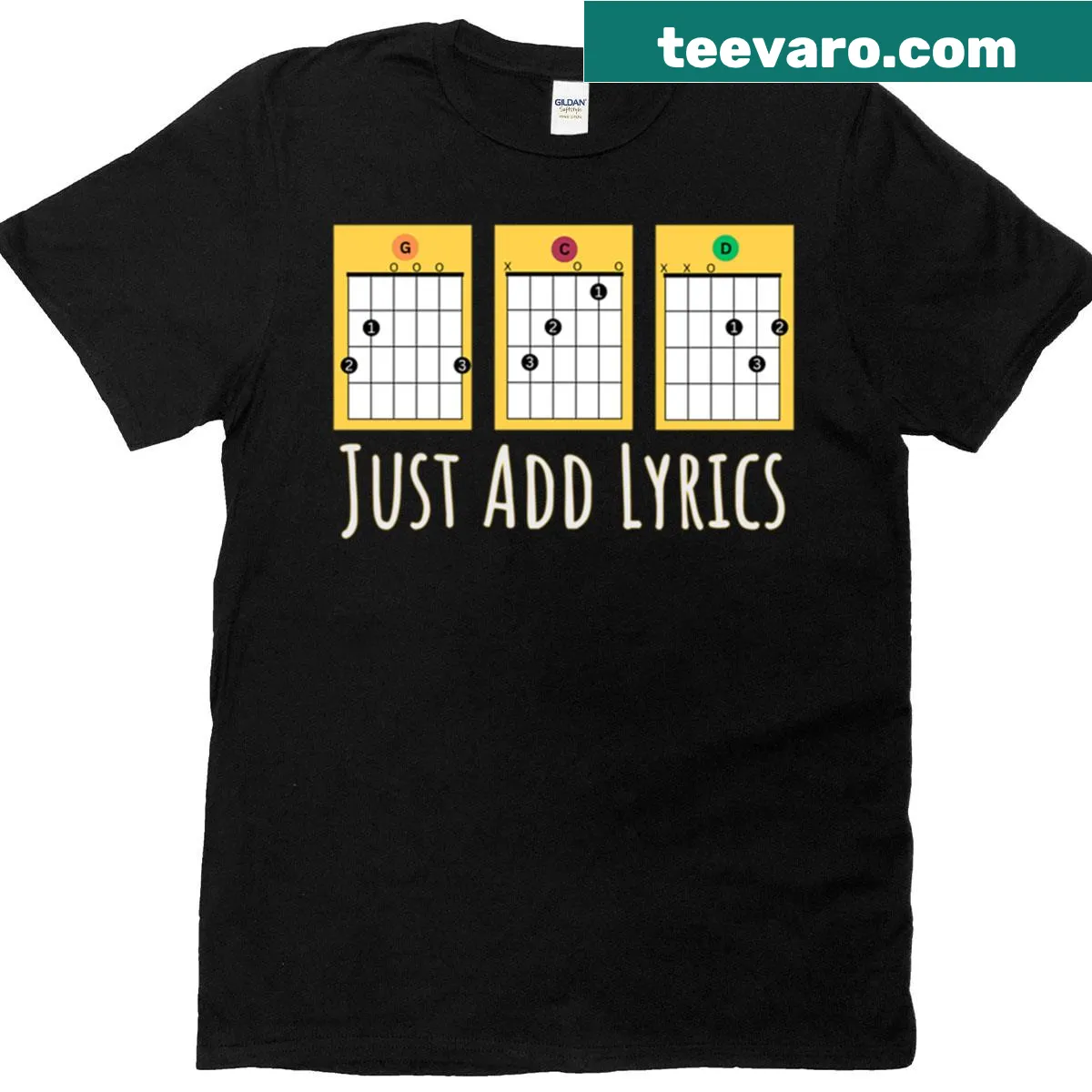 Funny musician t-shirt with guitar chords and quirky lyrics phrase — on a men's t-shirt