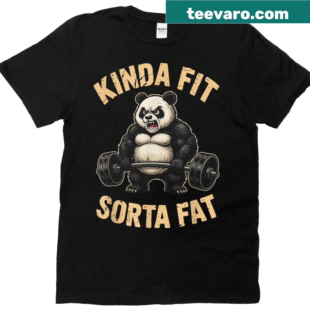 Funny gym t-shirt with cartoon panda lifting weights — on a men's t-shirt
