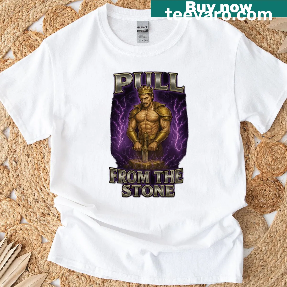 Illustration of King Arthur with a sword and shield — on a men's t-shirt