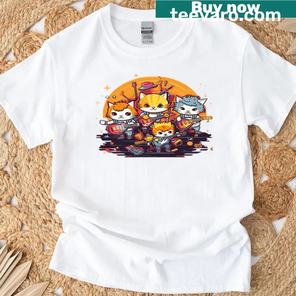 Vintage T-shirt featuring kittens as musicians in a retro design