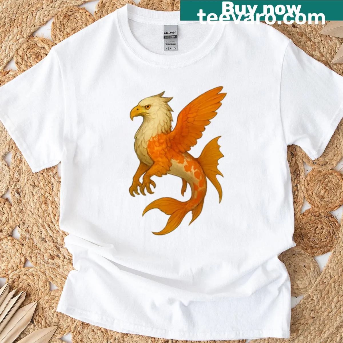 Illustration of a fish-scaled griffin on a fantasy-themed t-shirt — on a men's t-shirt