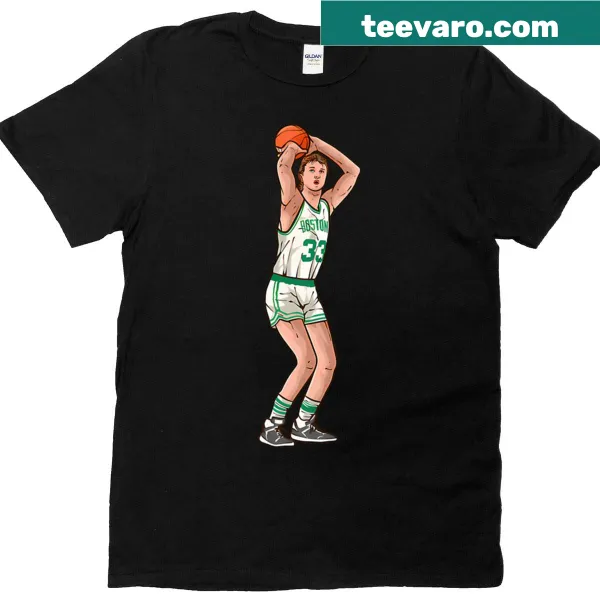 Cartoon t-shirt featuring Larry Bird in a jump shot.