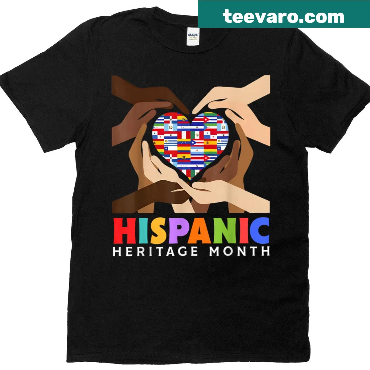 Heart hands graphic with flags for Hispanic Heritage Month T-shirt — on a men's t-shirt