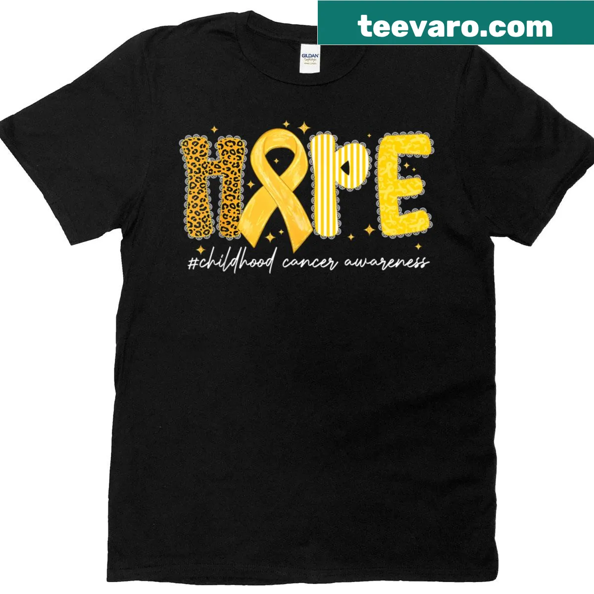 Gold ribbon and leopard graphic for childhood cancer awareness T-shirt — on a men's t-shirt